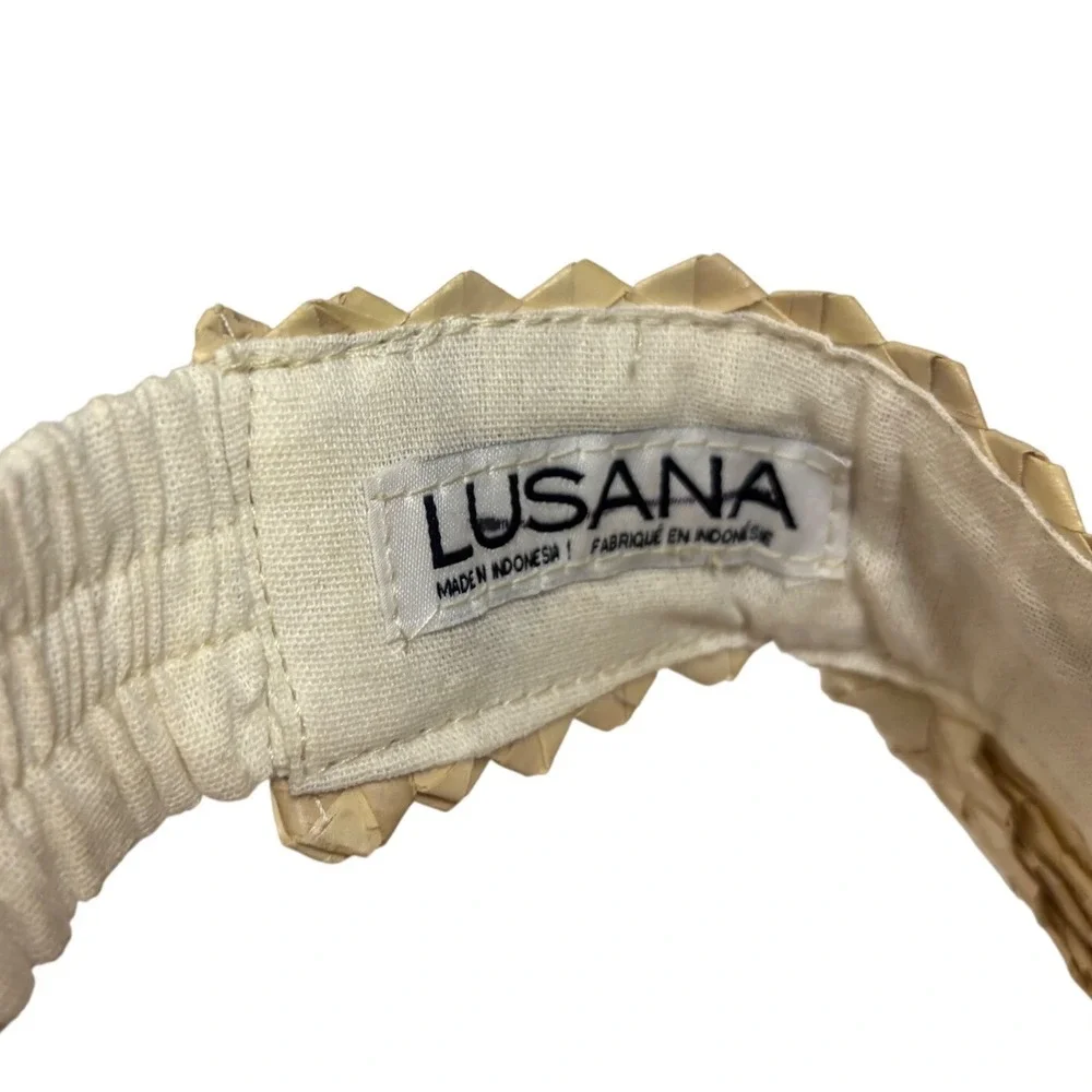 Lusana Baha Tan Iridescent Woven Straw Visor Scalloped Edge Sun Hat Elastic Back